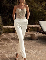 cheap -Two Piece Jumpsuits Wedding Dresses Strapless Ankle Length Italy Satin Sleeveless Formal Luxurious with Beading Appliques 2022 / Yes