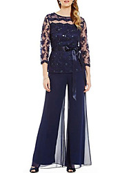 cheap -Two Piece Pantsuit / Jumpsuit Mother of the Bride Dress Plus Size Jewel Neck Floor Length Chiffon Lace 3/4 Length Sleeve with Sash / Ribbon Bow(s) Beading 2022