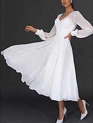cheap -A-Line Wedding Dresses V Neck Tea Length Chiffon Long Sleeve Simple Vintage Little White Dress with Pleats 2022