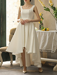 cheap -A-Line Wedding Dresses Scoop Neck Asymmetrical Ankle Length Satin Sleeveless Simple Vintage Little White Dress Backless 1950s with Bow(s) Pleats 2022