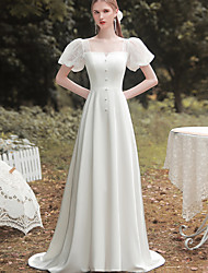 cheap -A-Line Wedding Dresses Square Neck Sweep / Brush Train Satin Short Sleeve Romantic Vintage with Lace Buttons 2022 / Puff Balloon Sleeve
