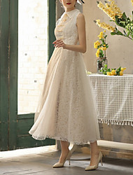 cheap -A-Line Wedding Dresses High Neck Tea Length Lace Tulle Short Sleeve Romantic Vintage 1950s with Appliques 2022