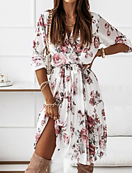 cheap -Women&#039;s A Line Dress Knee Length Dress Green White Wine Long Sleeve Floral Ruched Lace up Print Fall Spring V Neck Vacation Boho 2022 S M L XL