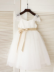 cheap -A-Line Tea Length Flower Girl Dresses Wedding Lace Sleeveless Jewel Neck with Belt 2022 / First Communion