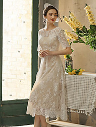 cheap -A-Line Wedding Dresses Jewel Neck Tea Length Lace Tulle Half Sleeve Romantic Vintage 1950s with Appliques 2022