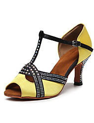 cheap -Women&#039;s Latin Shoes Heels Party / Evening Practise Prom High Heel Crystal / Rhinestone High Heel Pumps Open Toe Black Yellow Buckle T-Strap Glitter Crystal Sequined Jeweled / Satin / Satin / Silk