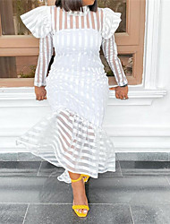 cheap -Women&#039;s A Line Dress Maxi long Dress White Long Sleeve Striped Print Fall Turtleneck Work Casual Puff Sleeve 2022 S M L XL XXL 3XL