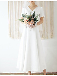 cheap -A-Line Wedding Dresses V Neck Ankle Length Satin Short Sleeve Simple Vintage Little White Dress 1950s with Pleats 2022