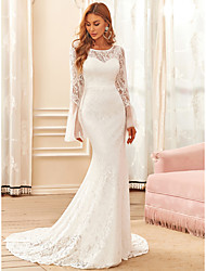 cheap -Mermaid / Trumpet Wedding Dresses Jewel Neck Sweep / Brush Train Lace Tulle Long Sleeve Romantic with Lace 2022