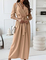 cheap -Women&#039;s A Line Dress Maxi long Dress Blue Pink Khaki Red Long Sleeve Solid Color Ruched Lace up Fall Winter V Neck Work Elegant Casual 2022 S M L XL XXL 3XL