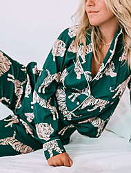 cheap -Women&#039;s Pajamas Sets 1 set Animal Satin Ultra Slim Retro Home Party Daily Polyester Gift Lapel Shirt Pant Print Fall Winter Green / Buckle