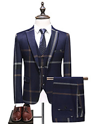cheap -Blue Gray Men&#039;s Wedding Suits 3 pcs Checkered Tailored Fit Single Breasted One-button 2022