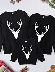 cheap -Family Look Tops Sweatshirt Cotton Cartoon Deer Christmas Gifts Print Black Red Long Sleeve Basic Matching Outfits / Fall / Spring / Cute