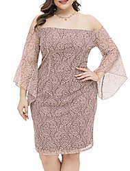 cheap -Women&#039;s Plus Size Sheath Dress Floral Off Shoulder Lace Long Sleeve Fall Summer Work Casual Prom Dress Short Mini Dress Party Daily Dress / Party Dress