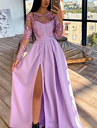 cheap -A-Line Elegant Princess High Split Wedding Guest Prom Dress Jewel Neck Long Sleeve Floor Length Satin with Slit Appliques 2022