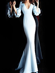 cheap -Mermaid / Trumpet Minimalist Elegant Wedding Guest Formal Evening Dress V Neck Half Sleeve Court Train Stretch Fabric with Sleek Pure Color 2022