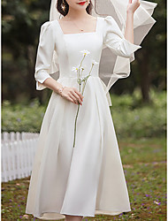 cheap -A-Line Wedding Dresses Square Neck Tea Length Satin Half Sleeve Simple Vintage Little White Dress 1950s with Pleats 2022