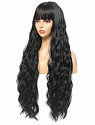 cheap -32 inch Synthetic Long Wavy Wigs with Bangs for Black Women Simulated Scalp No Lace Front Heat Resistant Wig for Ladies Cosplay Party Daily Makeup Use(32&quot; Black)