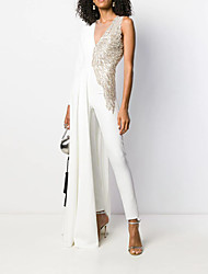 cheap -Jumpsuits Wedding Dresses V Neck Ankle Length Sequined Stretch Fabric Long Sleeve Glamorous Sexy Sparkle &amp; Shine with Beading Sequin 2022