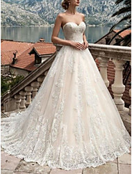 cheap -Princess Ball Gown Wedding Dresses Sweetheart Neckline Chapel Train Lace Tulle Sleeveless Formal Luxurious with Appliques 2022