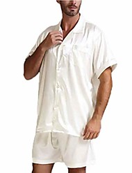 cheap -men 2pcs pajamas suits sets satin silk short sleeve sleepwear nightwear homewear tops+pants white