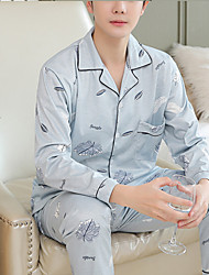 cheap -Men&#039;s Pajamas Loungewear Sets Sleepwear 1 set Stripe Graphic Prints Simple Fashion Home Bed Cotton Lapel # Pant Basic Fall Spring Blue Gray / Long Sleeve