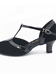 cheap -Women&#039;s Modern Shoes Ballroom Shoes Salsa Shoes Line Dance Heel Splicing Cuban Heel Black and Gold Black Buckle T-Strap