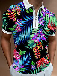 cheap -Men&#039;s Golf Shirt Graphic Leaves Collar Street Casual Zipper Short Sleeve Tops Casual Fashion Streetwear Breathable Green White Blue / Sports / Summer