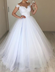 cheap -Princess A-Line Wedding Dresses V Neck Sweep / Brush Train Lace Tulle Short Sleeve Romantic Luxurious with Appliques 2022