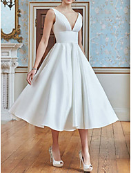 cheap -A-Line Wedding Dresses V Neck Tea Length Satin Sleeveless Simple Sexy Little White Dress with Pleats 2022