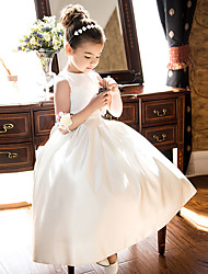 cheap -Princess First Communio Flower Girl Dresses Wedding Satin Sleeveless Jewel Neck with Bow(s) 2022