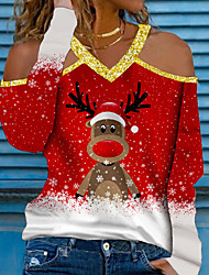cheap -Women&#039;s Painting T shirt Graphic Reindeer Christmas Tree Cut Out Print V Neck Basic Vintage Tops Green Blue Black / 3D Print