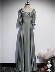 cheap -A-Line Bridesmaid Dress Square Neck Half Sleeve Elegant Floor Length Satin with Bow(s) / Beading 2022
