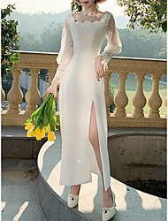 cheap -Sheath / Column Minimalist Elegant Prom Formal Evening Dress Square Neck Long Sleeve Ankle Length Satin with Slit Lace Insert 2022