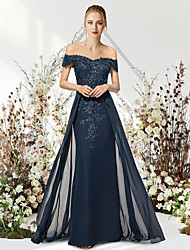 cheap -Mermaid / Trumpet Empire Elegant Wedding Guest Prom Dress Off Shoulder Sleeveless Floor Length Chiffon with Beading Appliques 2022