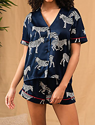 cheap -Women&#039;s Pajamas Sets 1 set Animal Simple Fashion Comfort Home Daily Bed Polyester Breathable Gift Lapel # Shirt Shorts Basic Elastic Waist Fall Navy Blue Yellow / Sweet / Print / Print
