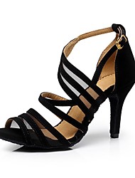 cheap -Women&#039;s Latin Shoes Ballroom Shoes Salsa Shoes Line Dance Practice Sandal Tulle High Heel Black Buckle Ankle Strap Satin / Leather
