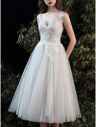 cheap -A-Line Wedding Dresses V Neck Tea Length Lace Tulle Sleeveless Country Romantic with Appliques 2022