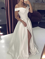 cheap -A-Line Wedding Dresses Off Shoulder Sweep / Brush Train Satin Cap Sleeve Simple Sexy with Pleats Split Front 2022
