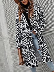 cheap -Women&#039;s Coat Business Going out Winter Long Coat Loose Thermal Warm Windproof Warm Cute Jacket Long Sleeve Hot Stamping Zebra Print White+Black