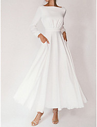 cheap -A-Line Wedding Dresses Square Neck Ankle Length Chiffon Long Sleeve Simple Sexy Little White Dress with Pleats 2022