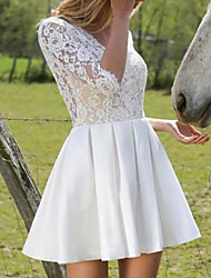 cheap -A-Line Wedding Dresses V Neck Short / Mini Lace Satin 3/4 Length Sleeve Simple Little White Dress with Pleats Appliques 2022