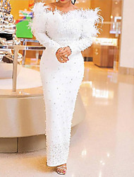 cheap -Sheath / Column Wedding Dresses Off Shoulder Ankle Length Stretch Fabric Long Sleeve Luxurious with Feathers / Fur Pearls Crystals 2022