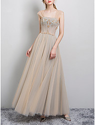 cheap -A-Line Bridesmaid Dress Square Neck Sleeveless Elegant Floor Length Tulle with Beading 2022