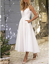 cheap -A-Line Wedding Dresses V Neck Ankle Length Satin Sleeveless Simple Sexy with Pleats 2022