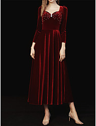 cheap -A-Line Elegant Vintage Prom Formal Evening Dress Square Neck Long Sleeve Ankle Length Velvet with Pleats Beading 2022