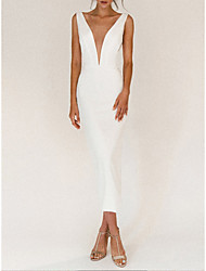 cheap -Sheath / Column Wedding Dresses V Neck Ankle Length Satin Sleeveless Simple Sexy Little White Dress with Split Front 2022