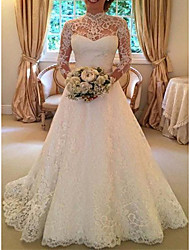 cheap -A-Line Wedding Dresses Jewel Neck Court Train Lace Tulle Long Sleeve Sexy Luxurious with Bow(s) 2022