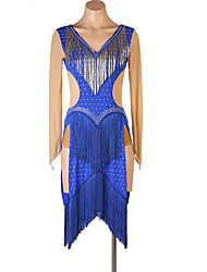 cheap -Latin Dance Dress Tassel Crystals / Rhinestones Sequins Women&#039;s Training Performance Long Sleeve Chinlon Mesh