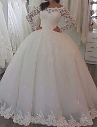 cheap -Princess A-Line Wedding Dresses Off Shoulder Sweep / Brush Train Lace Tulle Long Sleeve Romantic Luxurious with Appliques 2022